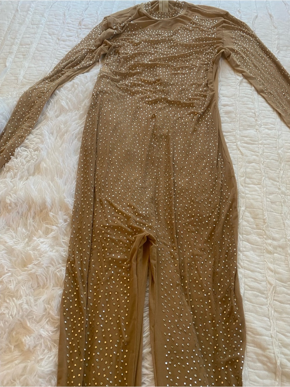 Crystal-Embellished Nude Bodycon Jumpsuit - Picture 3 of 4